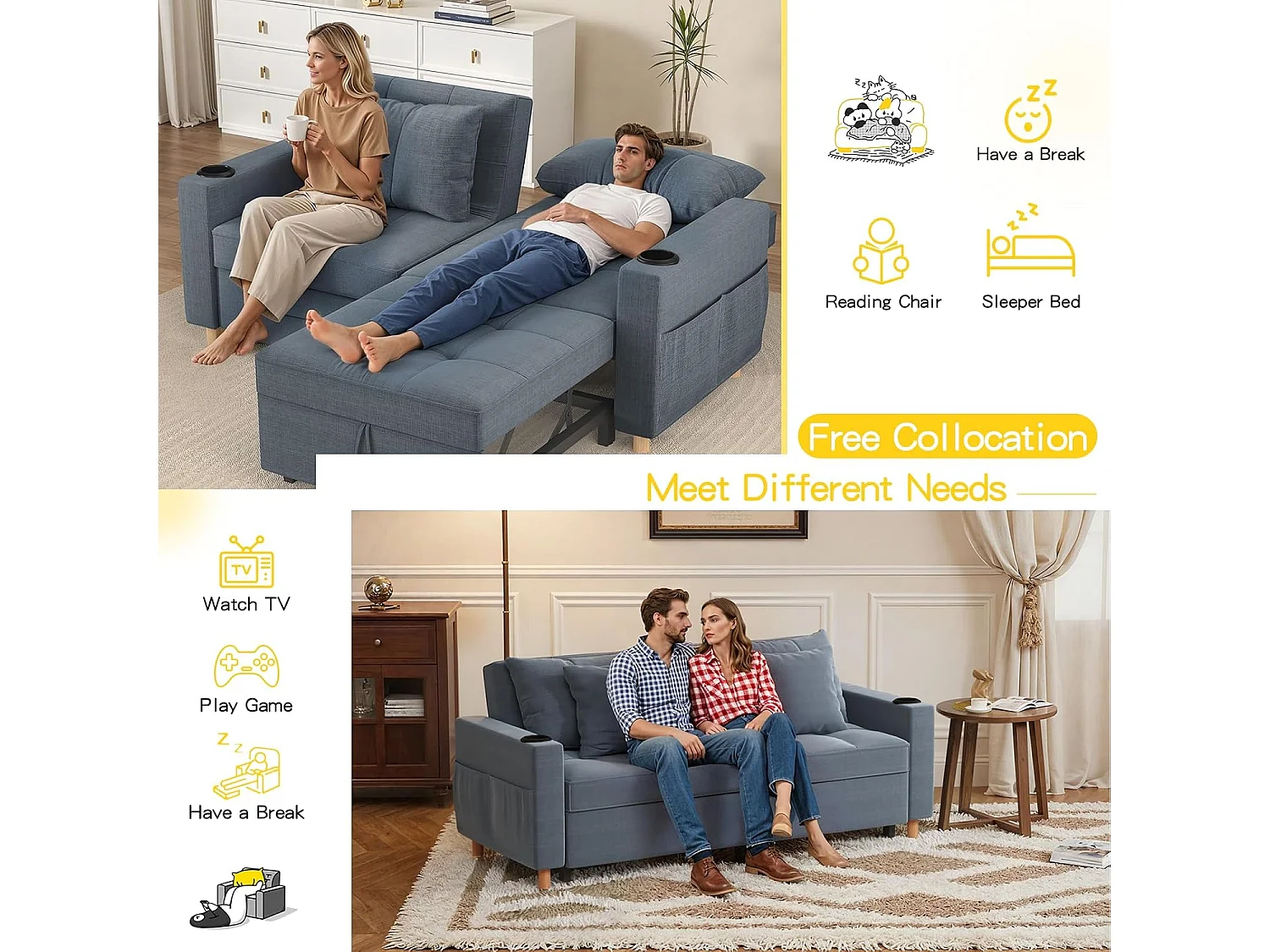 YODOLLA 3-in-1-Sofabett, Doppelschlafstuhl, Umwandelbar, Stoff-Couch, Umwandelbar, 2-Sitzer-Sofabetten für Erwachsene, Dunkelgrau