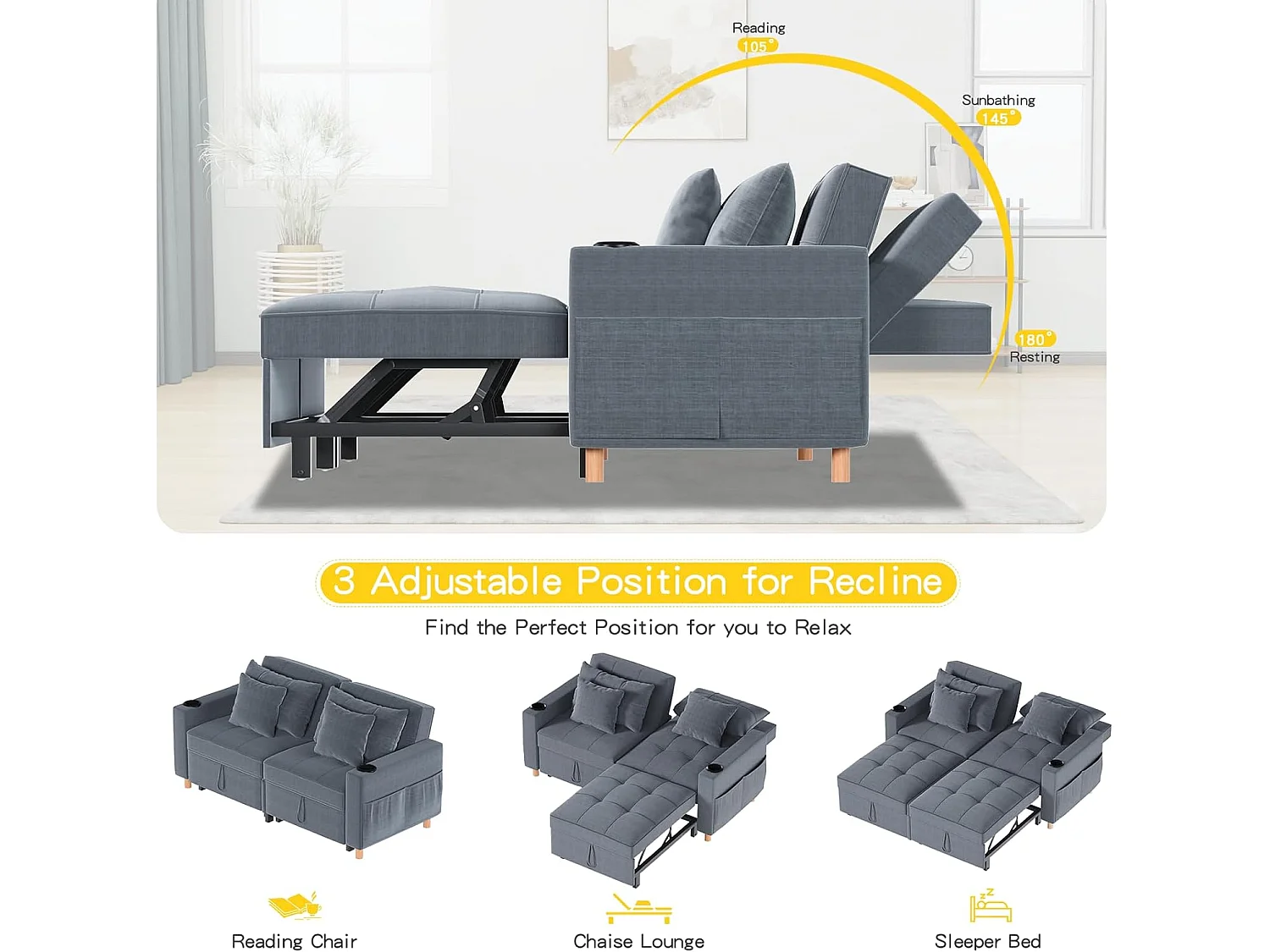 YODOLLA 3-in-1-Sofabett, Doppelschlafstuhl, Umwandelbar, Stoff-Couch, Umwandelbar, 2-Sitzer-Sofabetten für Erwachsene, Dunkelgrau