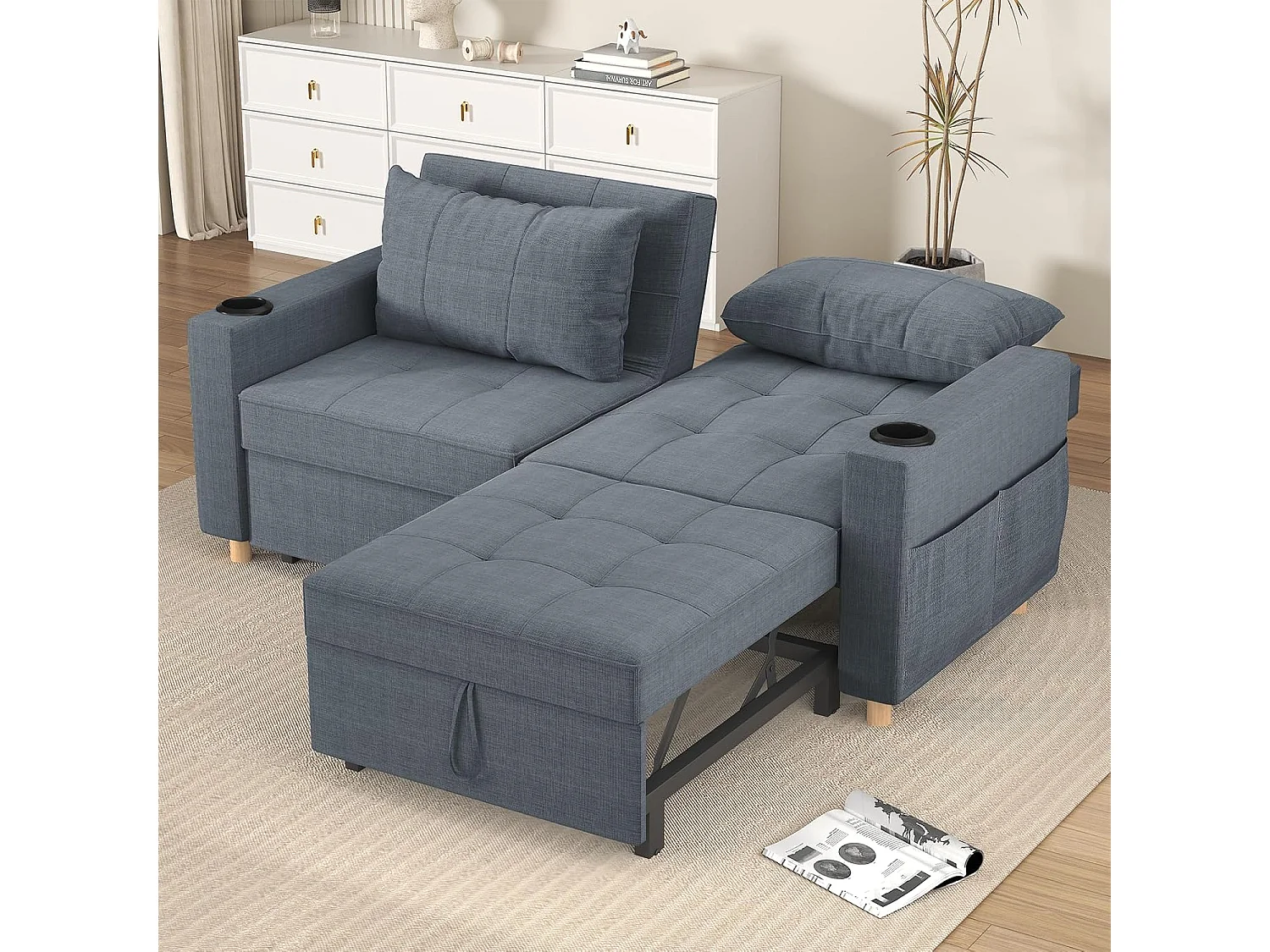YODOLLA 3-in-1-Sofabett, Doppelschlafstuhl, Umwandelbar, Stoff-Couch, Umwandelbar, 2-Sitzer-Sofabetten für Erwachsene, Dunkelgrau