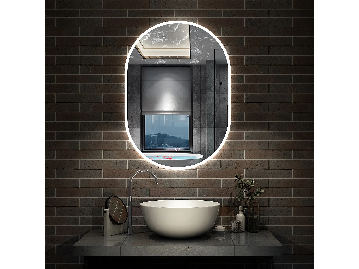 AICA Miroir salle de bain Ovale Lumineux 45x80cm 3 Colours et Dimmable et Mémoire et Anti-Buée, IP44 HD Verre Miroir-Mural