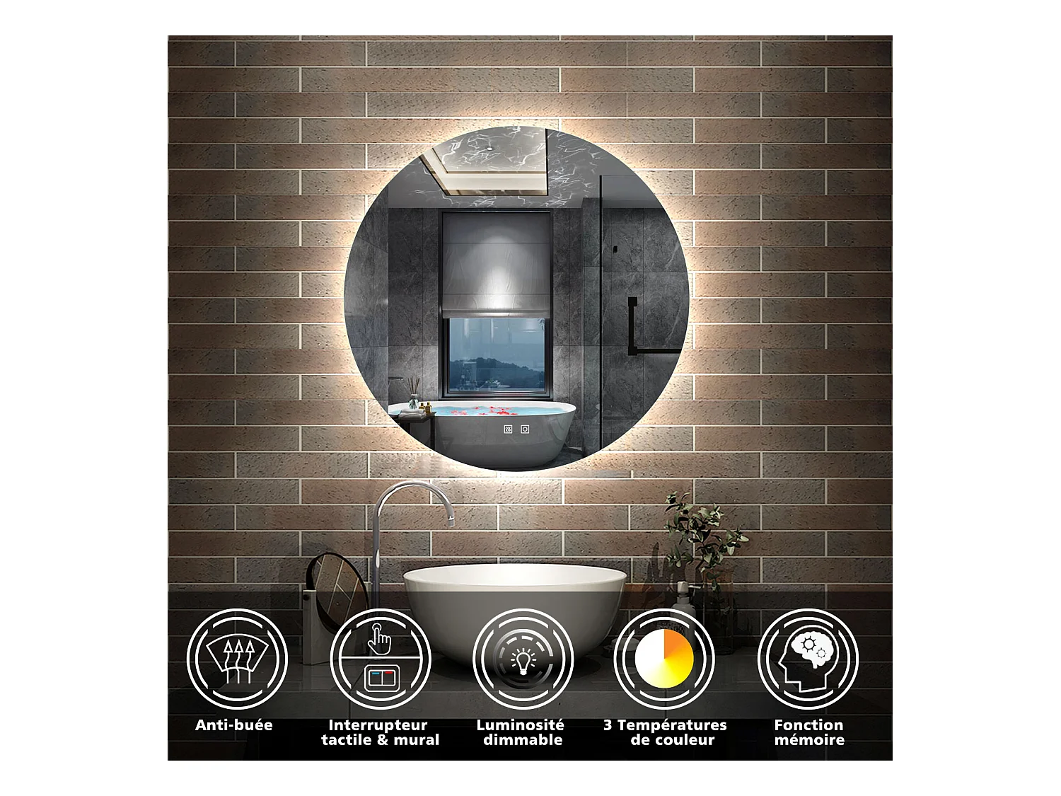 AICA Miroir de salle de bain Lumineux Rond rétro-éclairé 80cm, 3 Colours et Anti-Buée et Mémoire et Dimmable