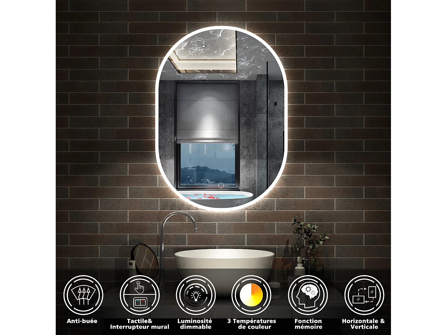 AICA Miroir salle de bain Ovale Lumineux 45x90cm 3 Colours et Dimmable et Mémoire et Anti-Buée, IP44 HD Verre Miroir-Mural