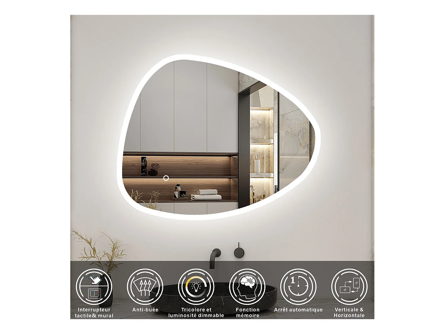 AICA Miroir lumineux Asymétrique LED 80x55cm, Teardrop Miroir, Tricolore + Dimmable + Anti-buée
