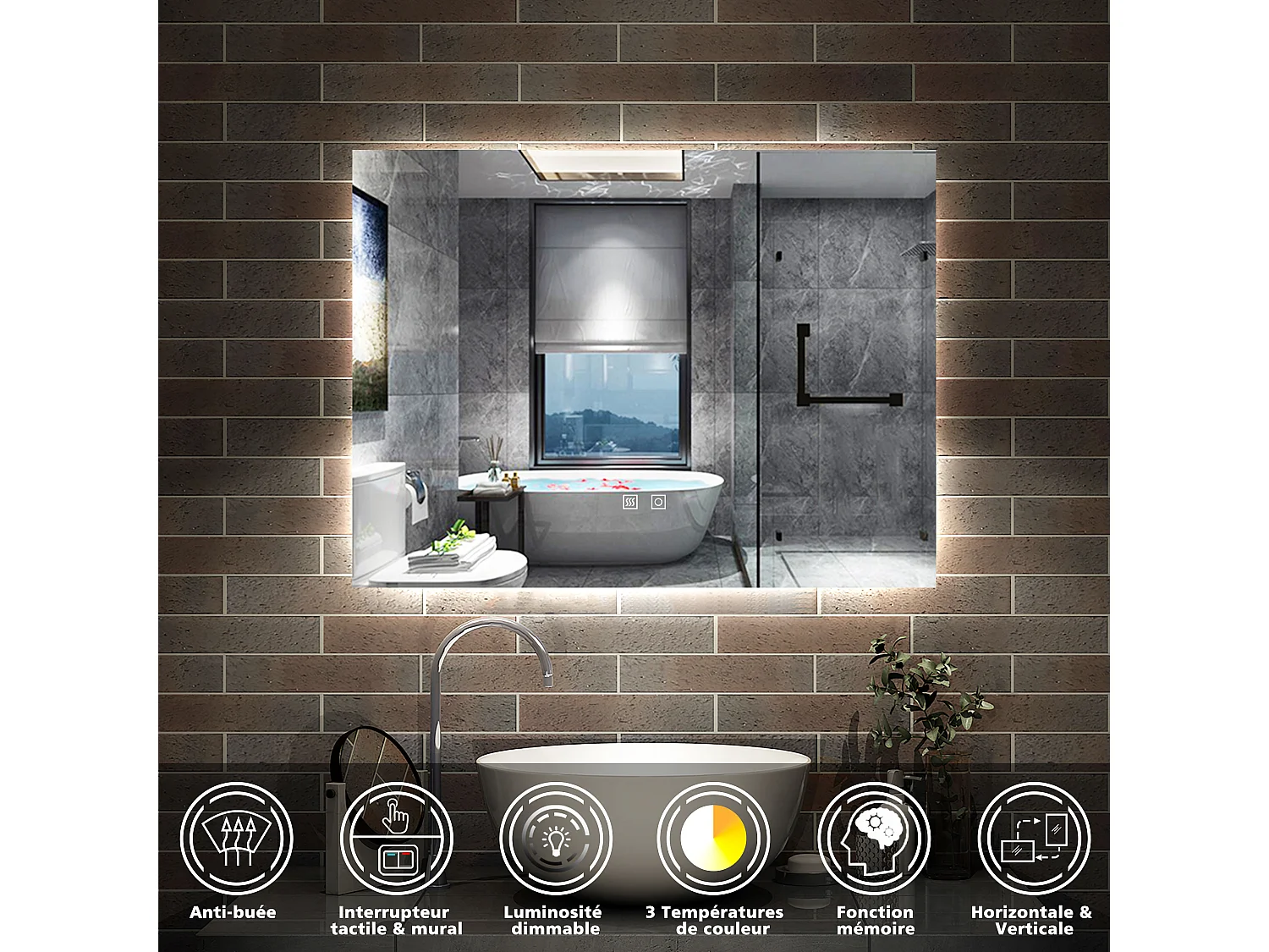 AICA Miroir de salle de bain rétro-éclairé 80x60cm, 3 Colours et Anti-Buée et Mémoire et Dimmable