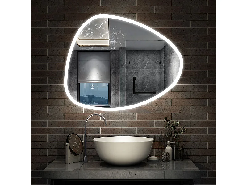 AICA Miroir salle de bain Lumineux 80x65cm Design Asymétrique, Teardrop Mirror, et 3 Colours Dimmable et Anti-buée et Mémoire