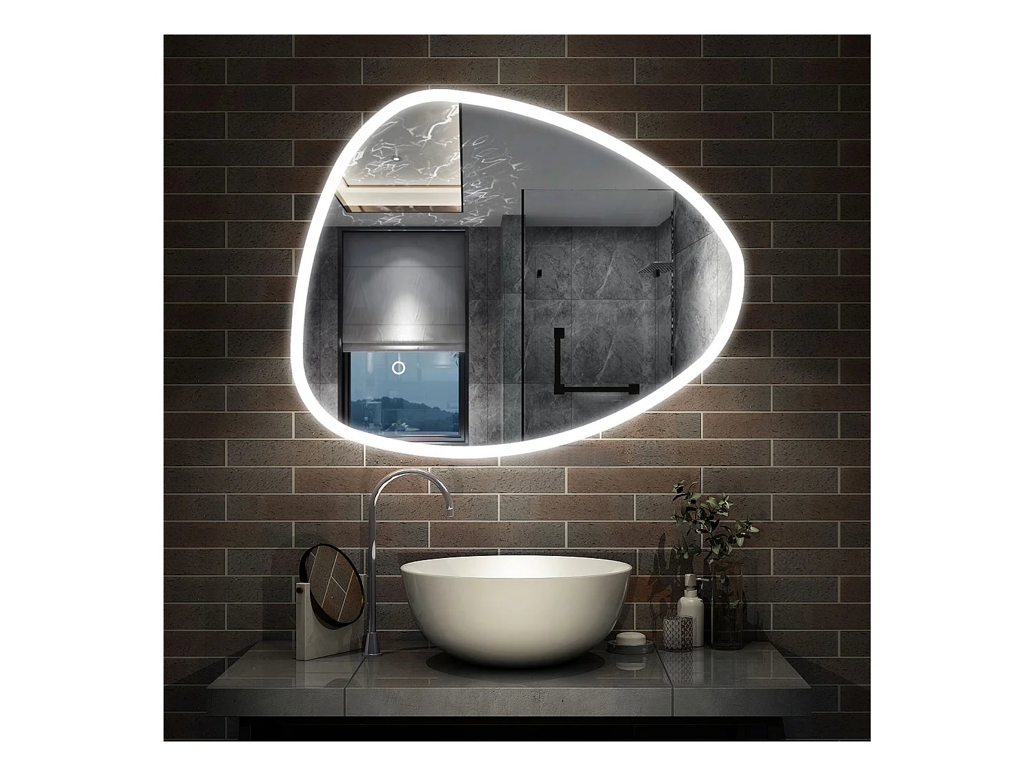 AICA Miroir salle de bain Lumineux 80x65cm Design Asymétrique, Teardrop Miroir, et 3 Colours Dimmable et Anti-buée et Mémoire