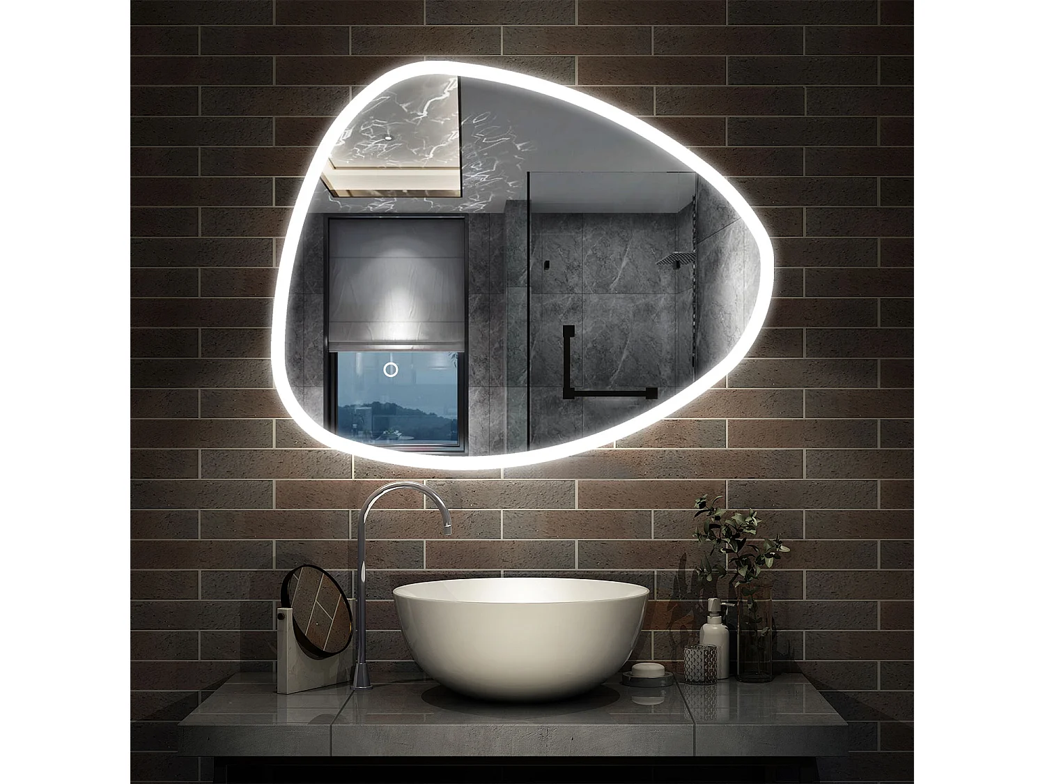 AICA Miroir salle de bain Lumineux 80x65cm Design Asymétrique, Teardrop Miroir, et 3 Colours Dimmable et Anti-buée et Mémoire