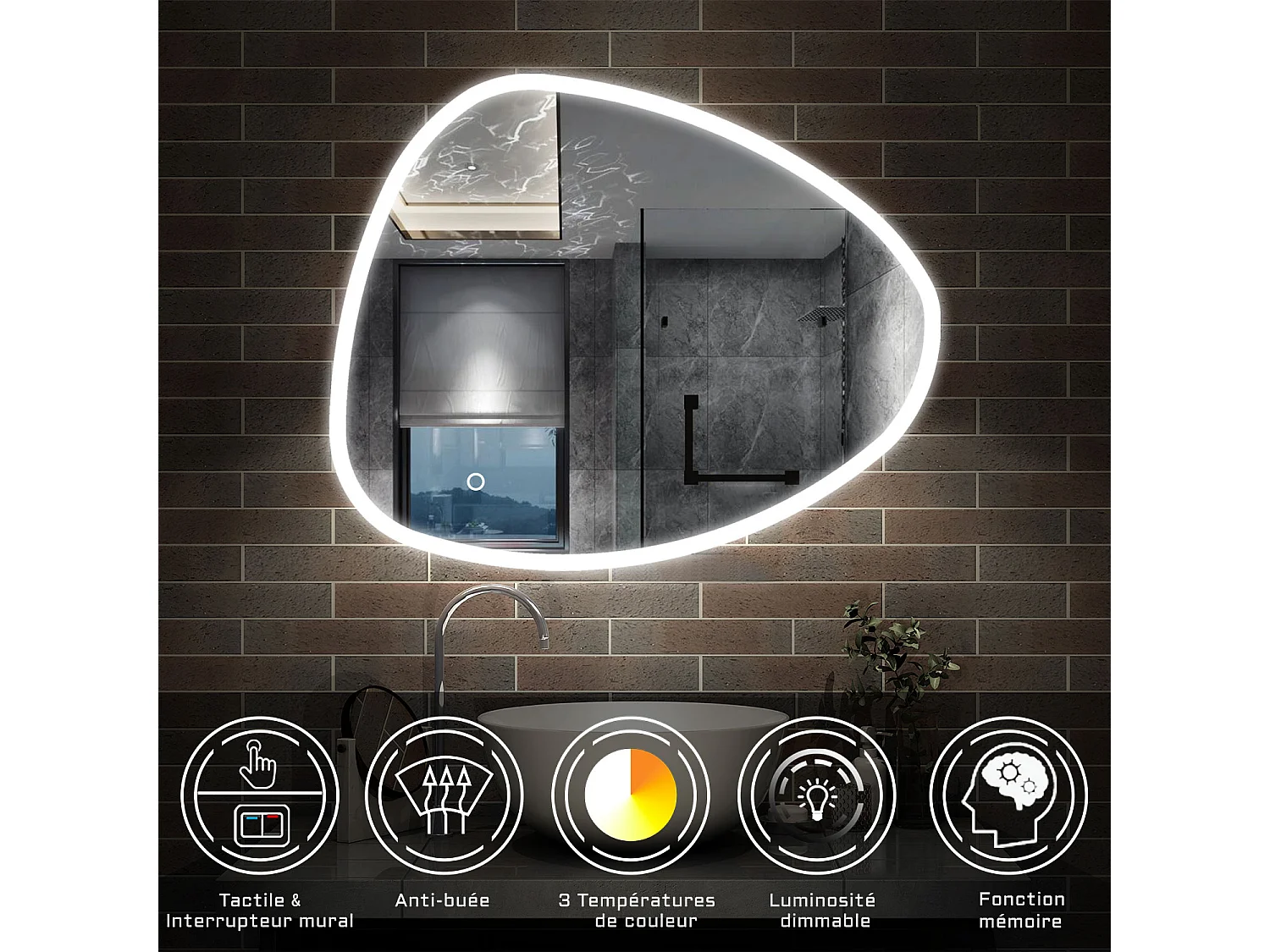 AICA Miroir salle de bain Lumineux 80x65cm Design Asymétrique, Teardrop Miroir, et 3 Colours Dimmable et Anti-buée et Mémoire
