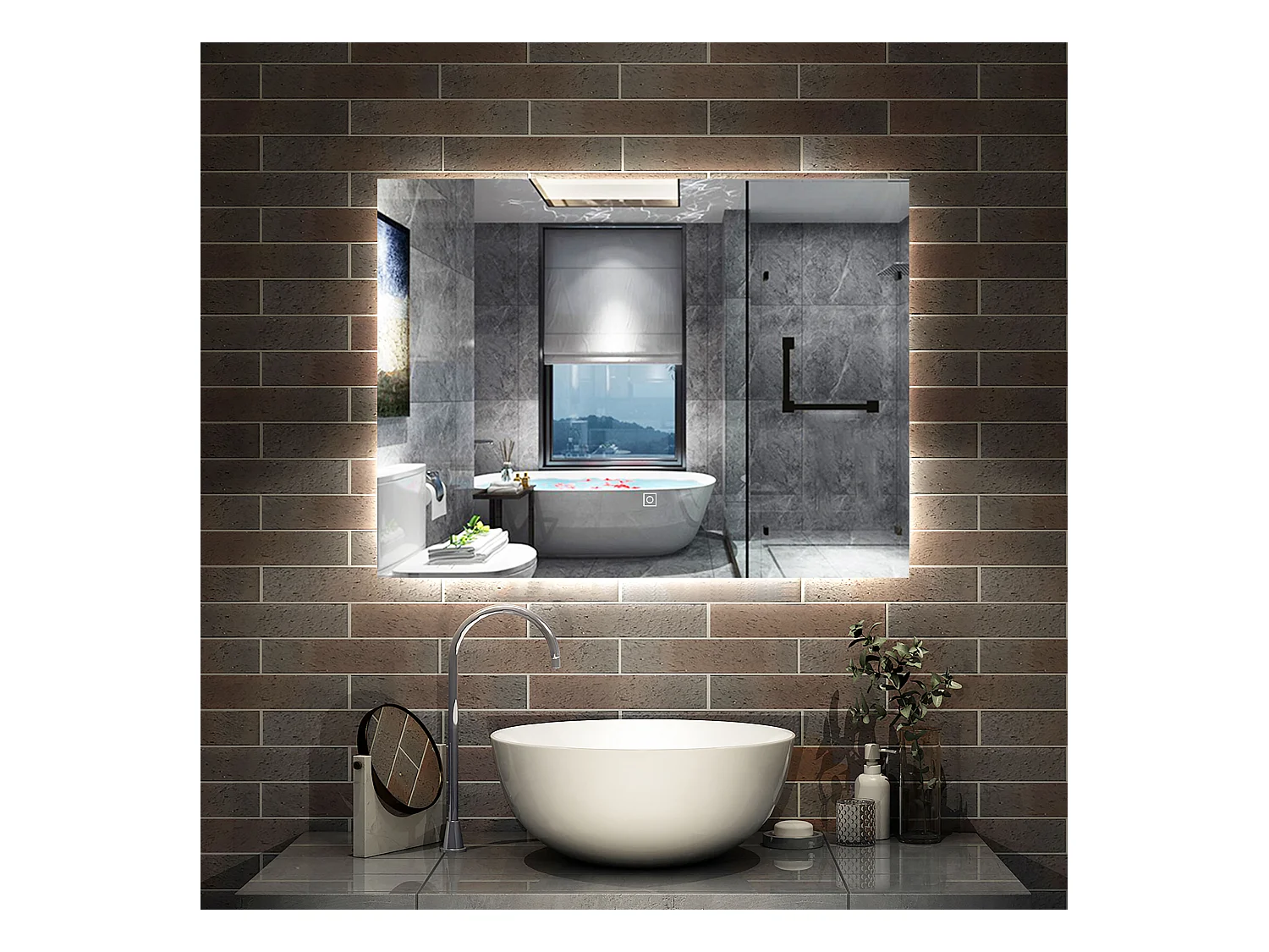 AICA Miroir de salle de bain Lumineux, rétro-éclairé, 80x60cm, Mémoire et Dimmable et Anti-Buée, CE // IP44