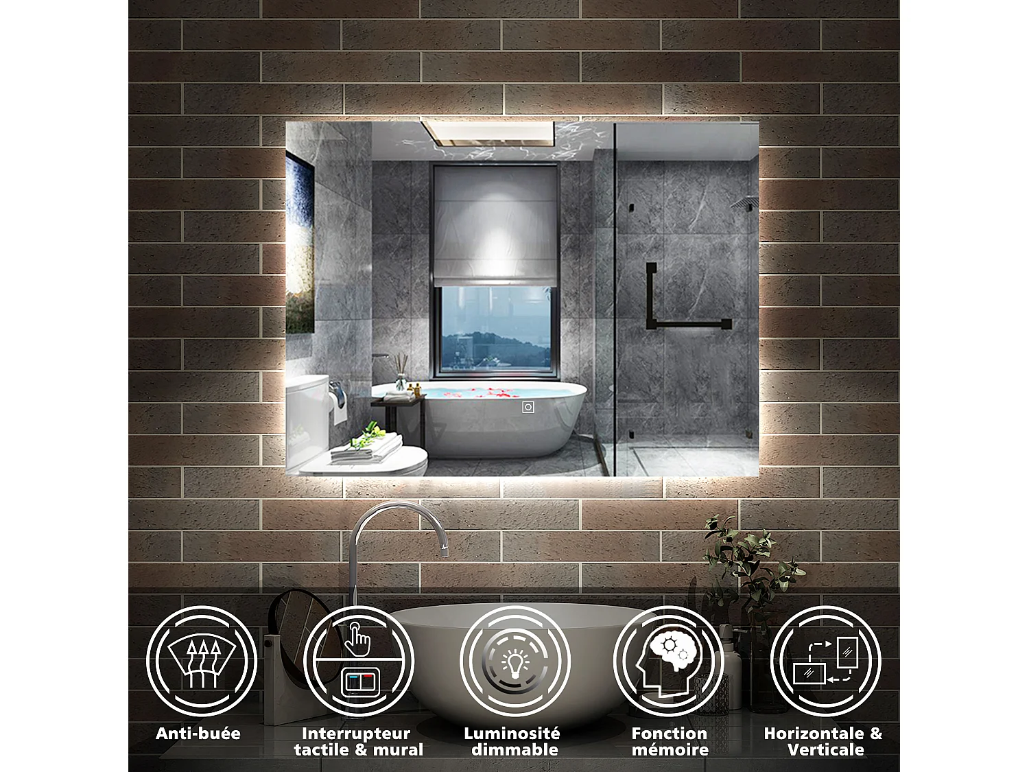 AICA Miroir de salle de bain Lumineux, rétro-éclairé, 80x60cm, Mémoire et Dimmable et Anti-Buée, CE // IP44