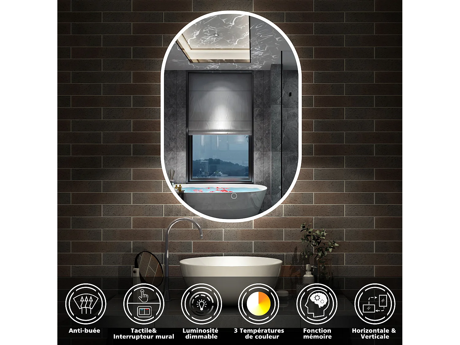 AICA Miroir salle de bain Ovale Lumineux 60x80cm 3 Colours et Dimmable et Mémoire et Anti-Buée, IP44 HD Verre Miroir-Mural