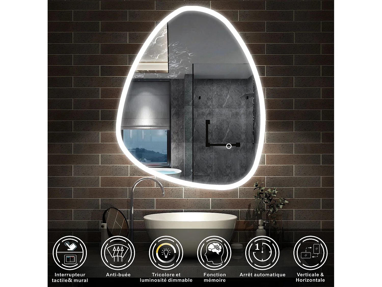 AICA Miroir salle de bain Asymétrique LED 80x65cm, Teardrop Miroir, Tricolore et  Dimmable et Anti-buée