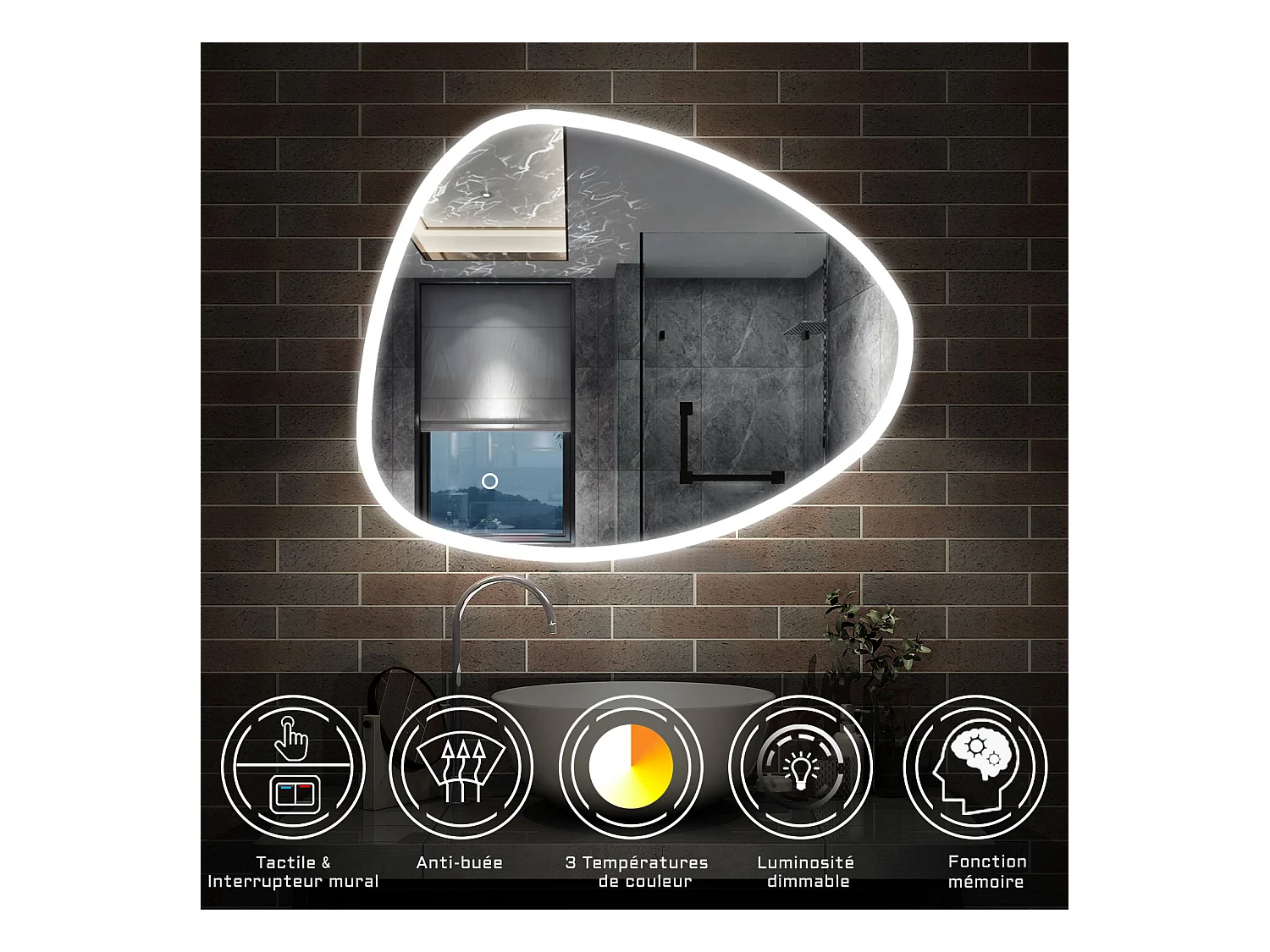 AICA Miroir salle de bain Lumineux 100x80cm Design Asymétrique, Teardrop Miroir, et 3 Colours Dimmable et Anti-buée et Mémoire