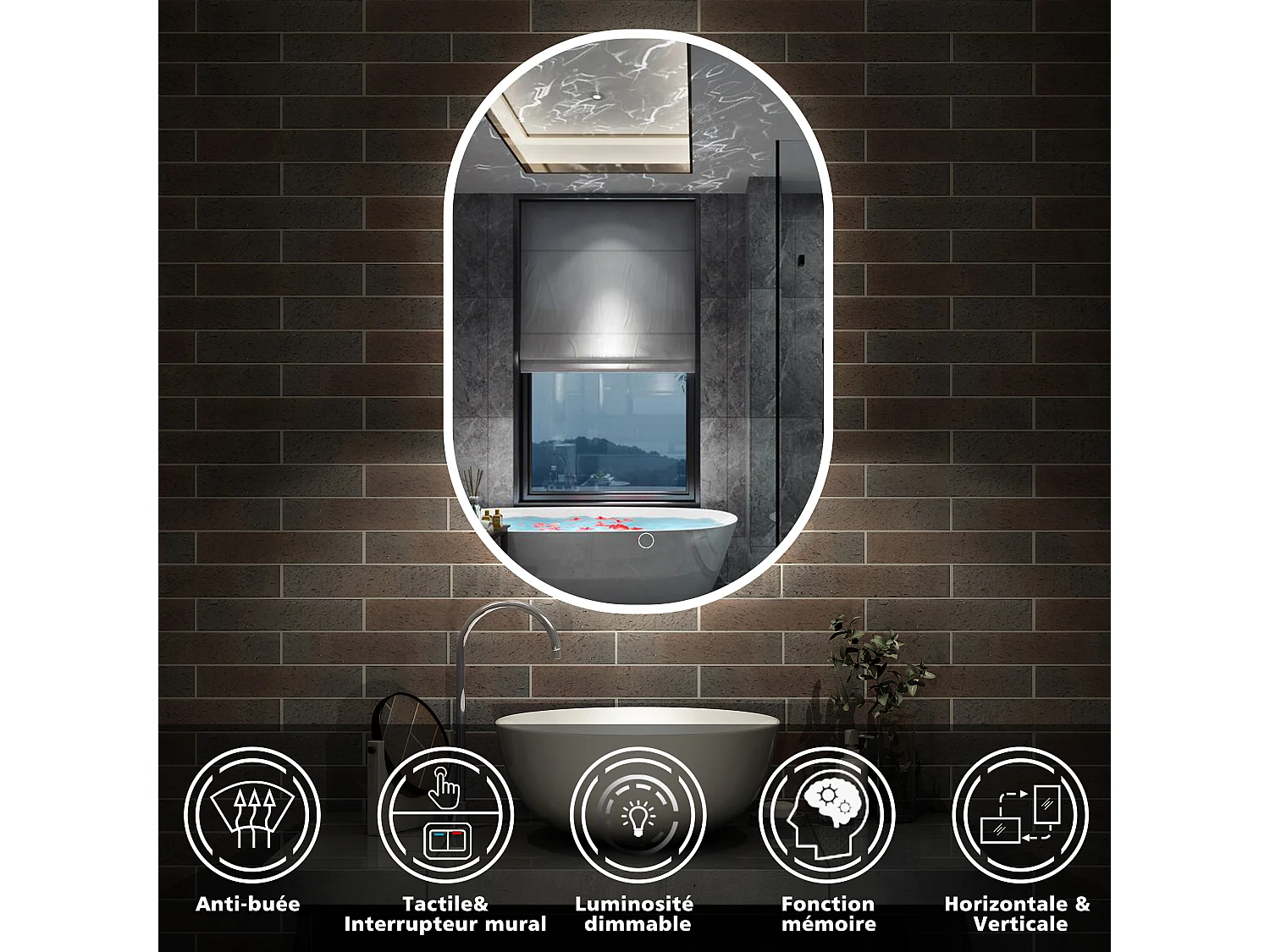 AICA Miroir de salle de bain ovale 60x90cm, mémoire et dimmable et anti-buée, IP44, CE // IP44