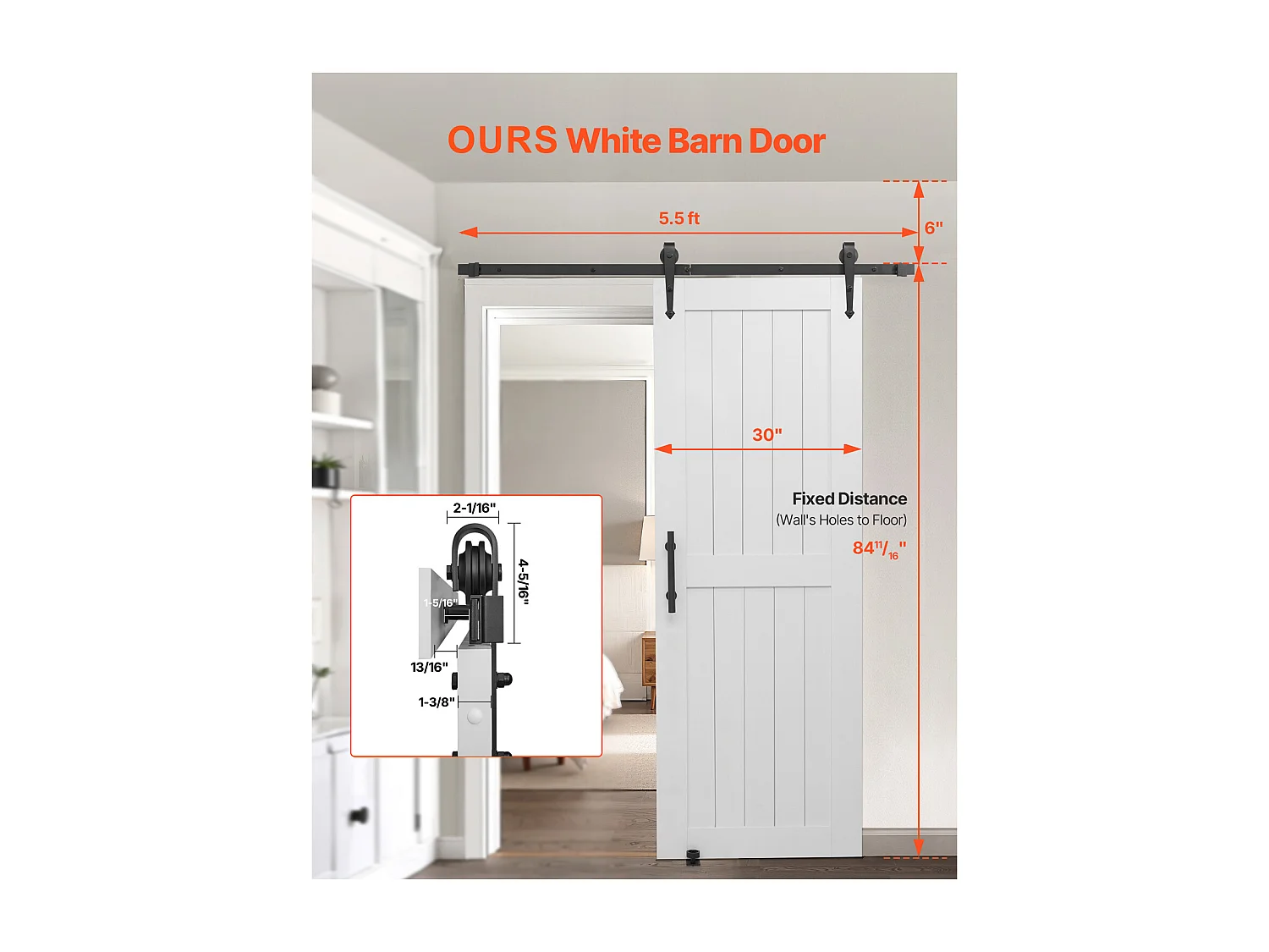 Porte de Grange Coulissante SucceBuy, 76.2 x 213.4 cm, Panneau MDF, Kit de Porte Coulissante avec Kit Quincaillerie, Surface en PVC Imperméable