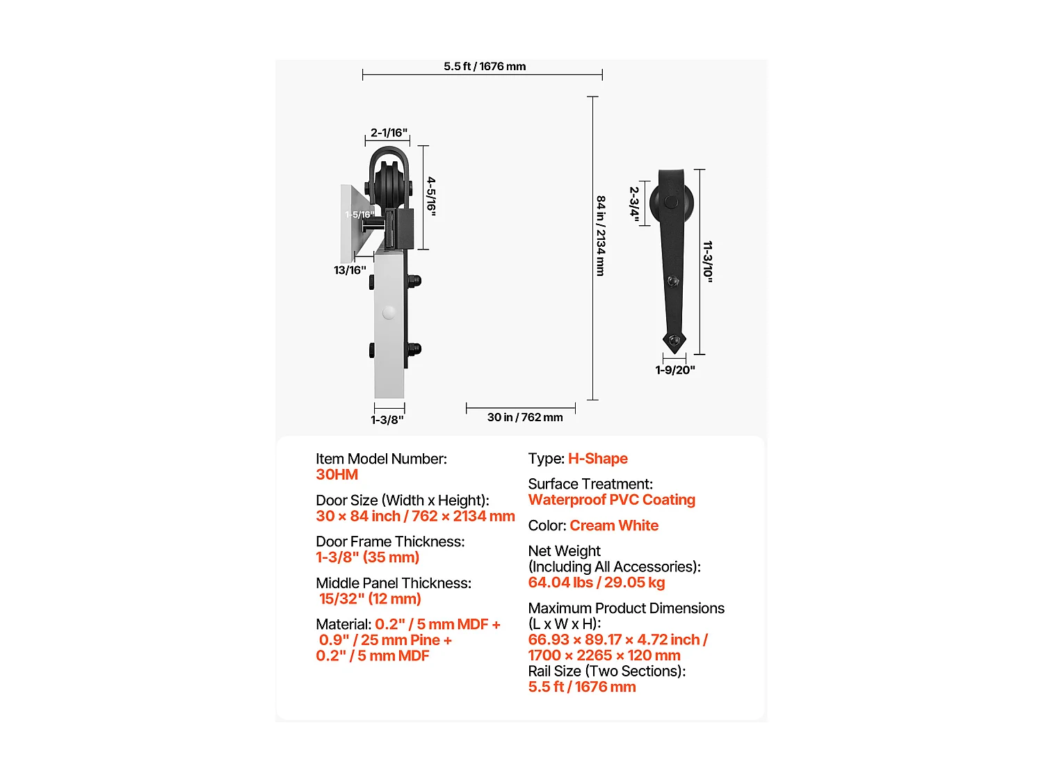 Porte de Grange Coulissante SucceBuy, 76.2 x 213.4 cm, Panneau MDF, Kit de Porte Coulissante avec Kit Quincaillerie, Surface en PVC Imperméable