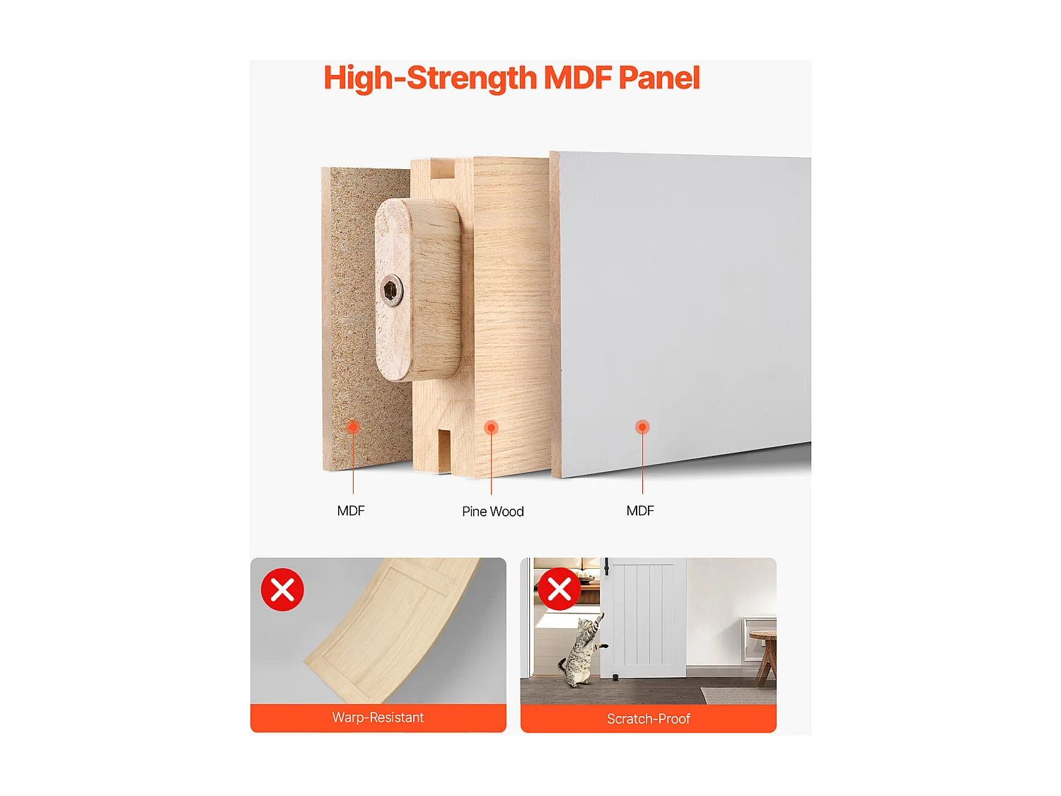 Porte de Grange Coulissante SucceBuy, 76.2 x 213.4 cm, Panneau MDF, Kit de Porte Coulissante avec Kit Quincaillerie, Surface en PVC Imperméable