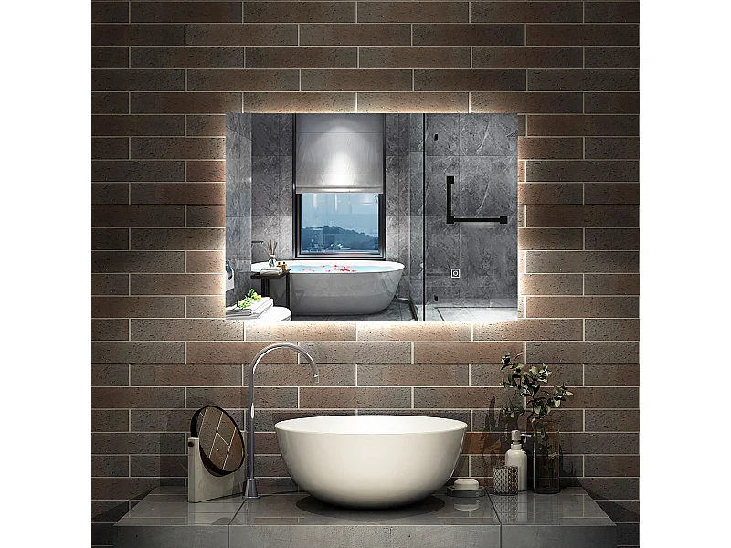 AICA Miroir de salle de bain Lumineux, rétro-éclairé, 70x50cm, Mémoire et Dimmable et Anti-Buée, CE // IP44