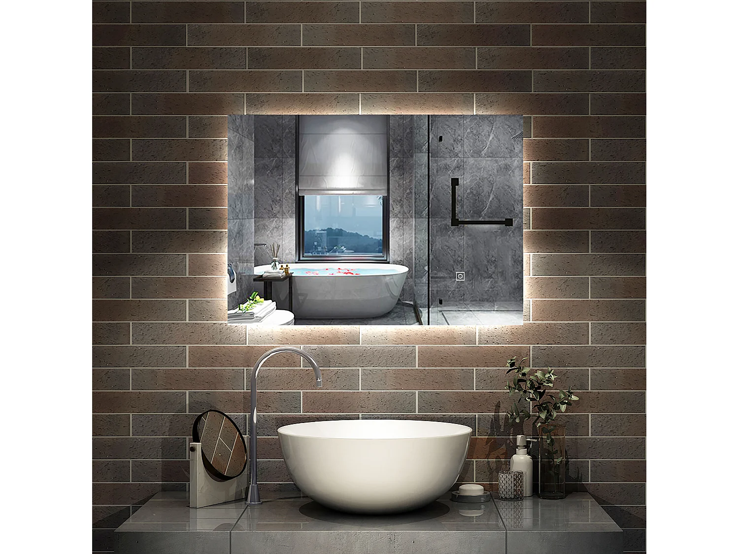 AICA Miroir de salle de bain Lumineux, rétro-éclairé, 70x50cm, Mémoire et Dimmable et Anti-Buée, CE // IP44