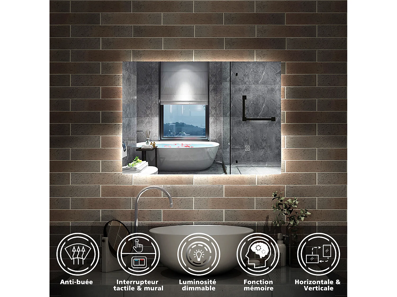 AICA Miroir de salle de bain Lumineux, rétro-éclairé, 70x50cm, Mémoire et Dimmable et Anti-Buée, CE // IP44