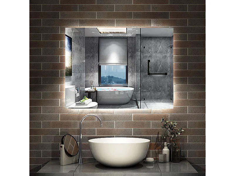 AICA Miroir de salle de bain rétro-éclairé 90x70cm, 3 Colours et Anti-Buée et Mémoire et Dimmable