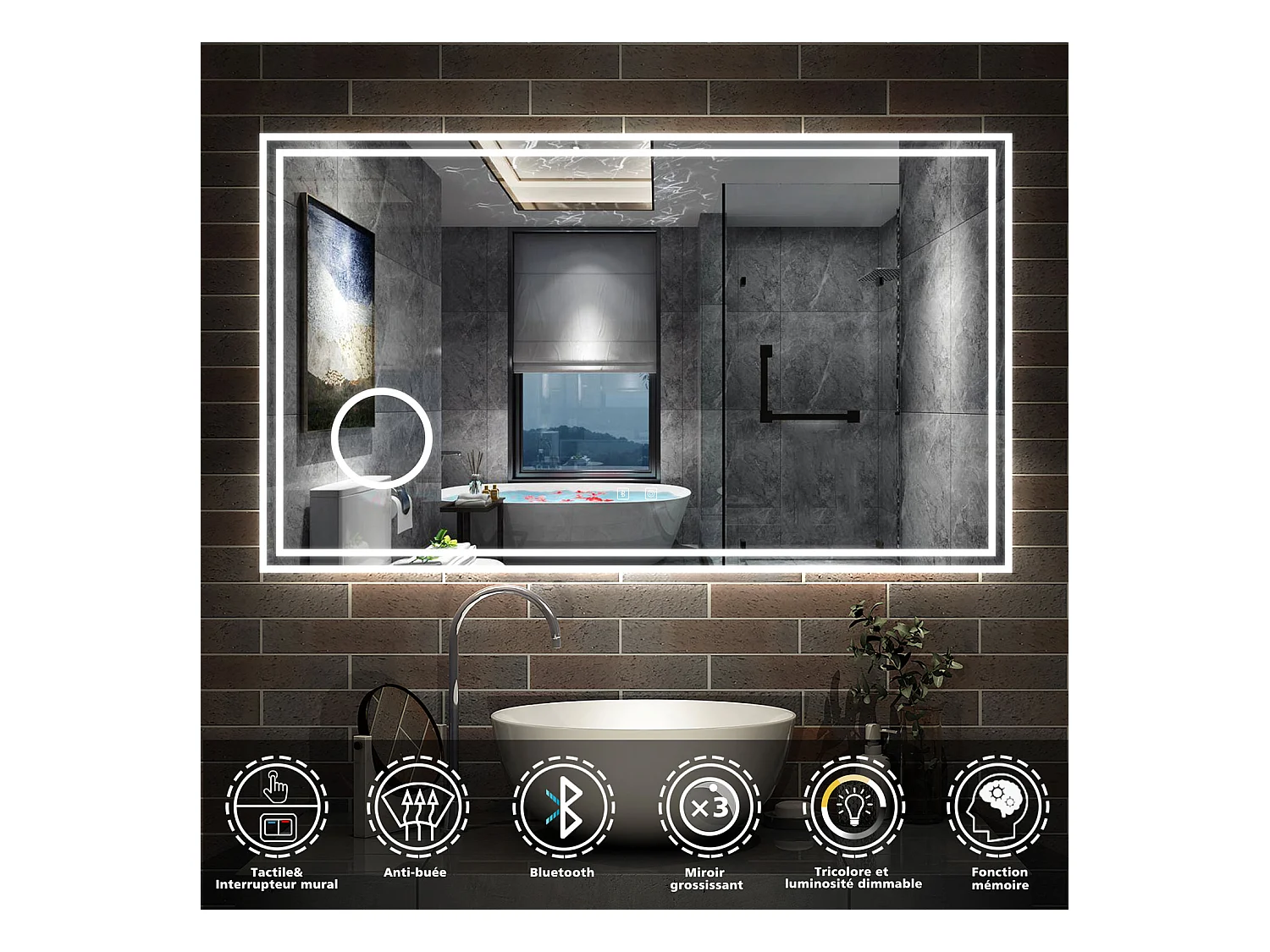 AICA Miroir salle de bain Bluetooth 120x70cm Lumineux 3 Colours et Dimmable et Loupe et Anti-Buée,CE// IP44