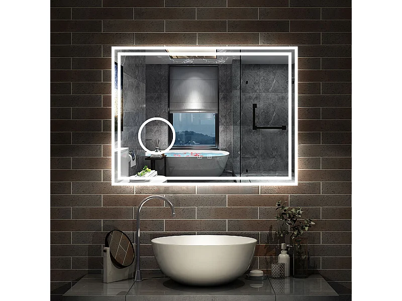 AICA Miroir salle de bain Bluetooth 100x60cm Lumineux 3 Colours et Dimmable et Loupe et Anti-Buée,CE// IP44