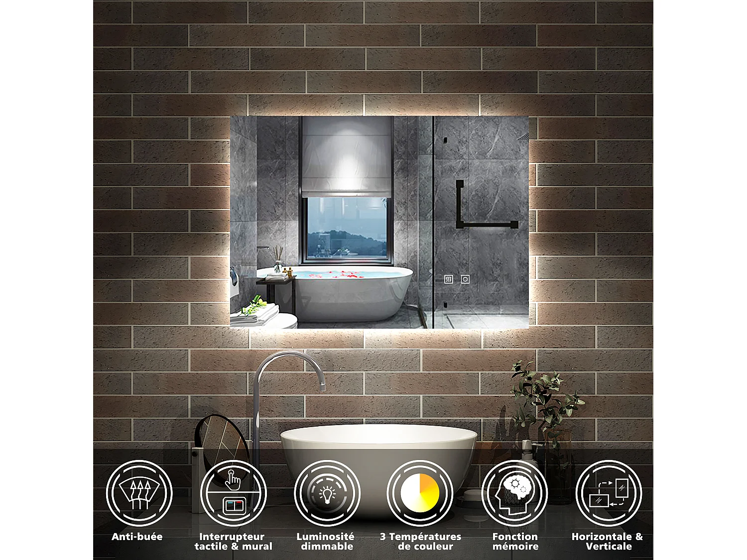 AICA Miroir de salle de bain rétro-éclairé 70x50cm, 3 Colours et Anti-Buée et Mémoire et Dimmable