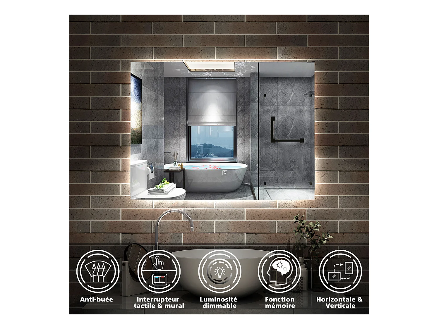 AICA Miroir de salle de bain Lumineux, rétro-éclairé, 90x70cm, Mémoire et Dimmable et Anti-Buée, CE // IP44
