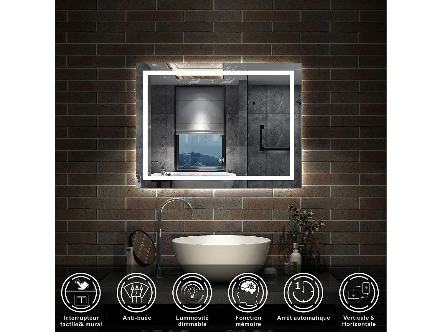 AICA Miroir Salle de Bain Lumineux Anti-buée, et éclairage 90 x 60cm Dimmable, Mémoire, CE // IP44 HD Verre Miroir-Mural