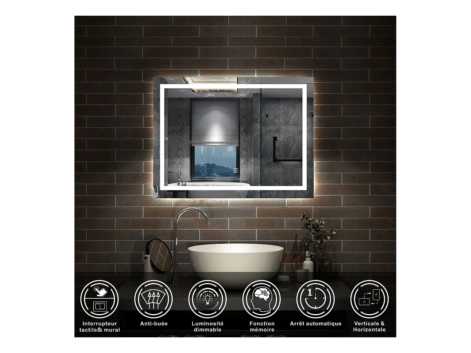 AICA Miroir Salle de Bain Lumineux Anti-buée, et éclairage 100 x 60cm Dimmable, Mémoire, CE // IP44 HD Verre Miroir-Mural