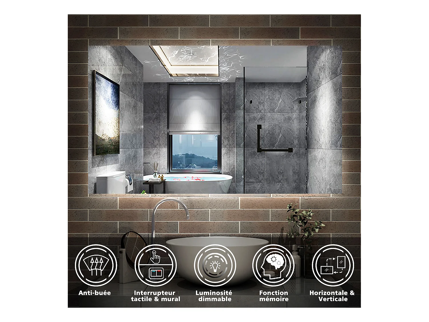 AICA Miroir de salle de bain Lumineux, rétro-éclairé, 100x60cm, Mémoire et Dimmable et Anti-Buée, CE // IP44
