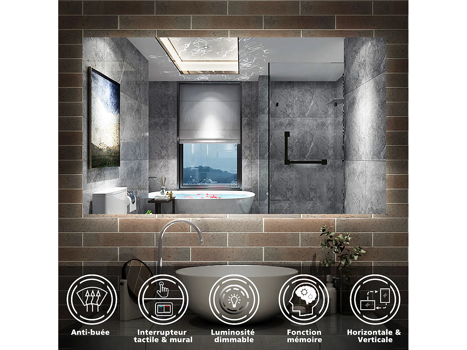 AICA Miroir de salle de bain Lumineux, rétro-éclairé, 100x60cm, Mémoire et Dimmable et Anti-Buée, CE // IP44