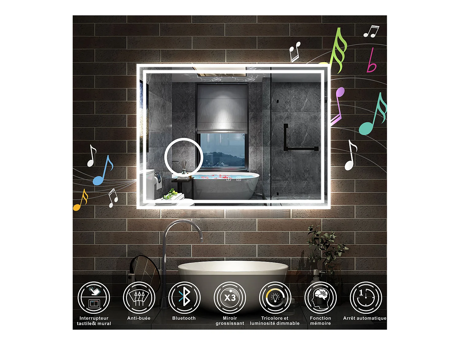 AICA Miroir salle de bain Bluetooth 80x60cm Lumineux 3 Colours et Dimmable et Loupe et Anti-Buée,CE// IP44