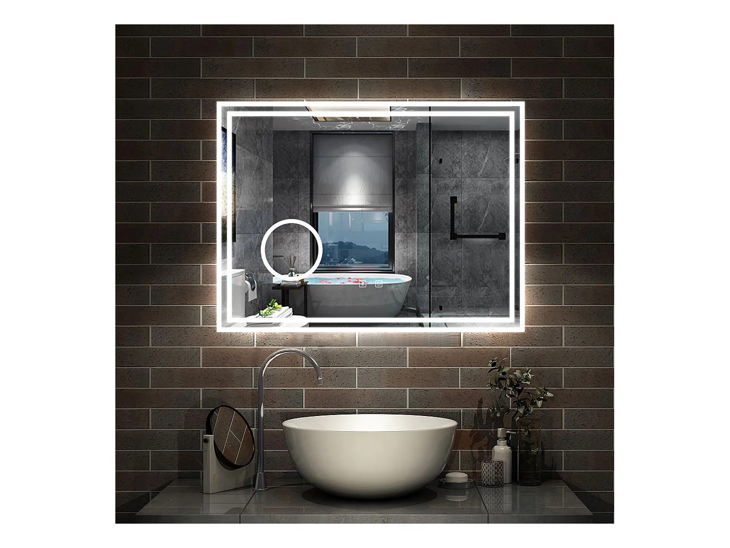 AICA Miroir salle de bain Bluetooth 80x60cm Lumineux 3 Colours et Dimmable et Loupe et Anti-Buée,CE// IP44