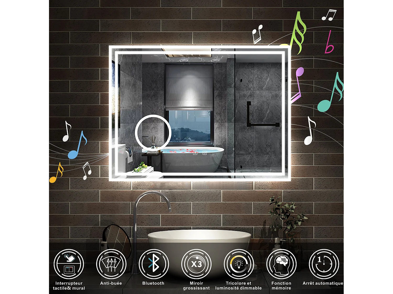 AICA Miroir salle de bain Bluetooth 80x60cm Lumineux 3 Colours et Dimmable et Loupe et Anti-Buée,CE// IP44