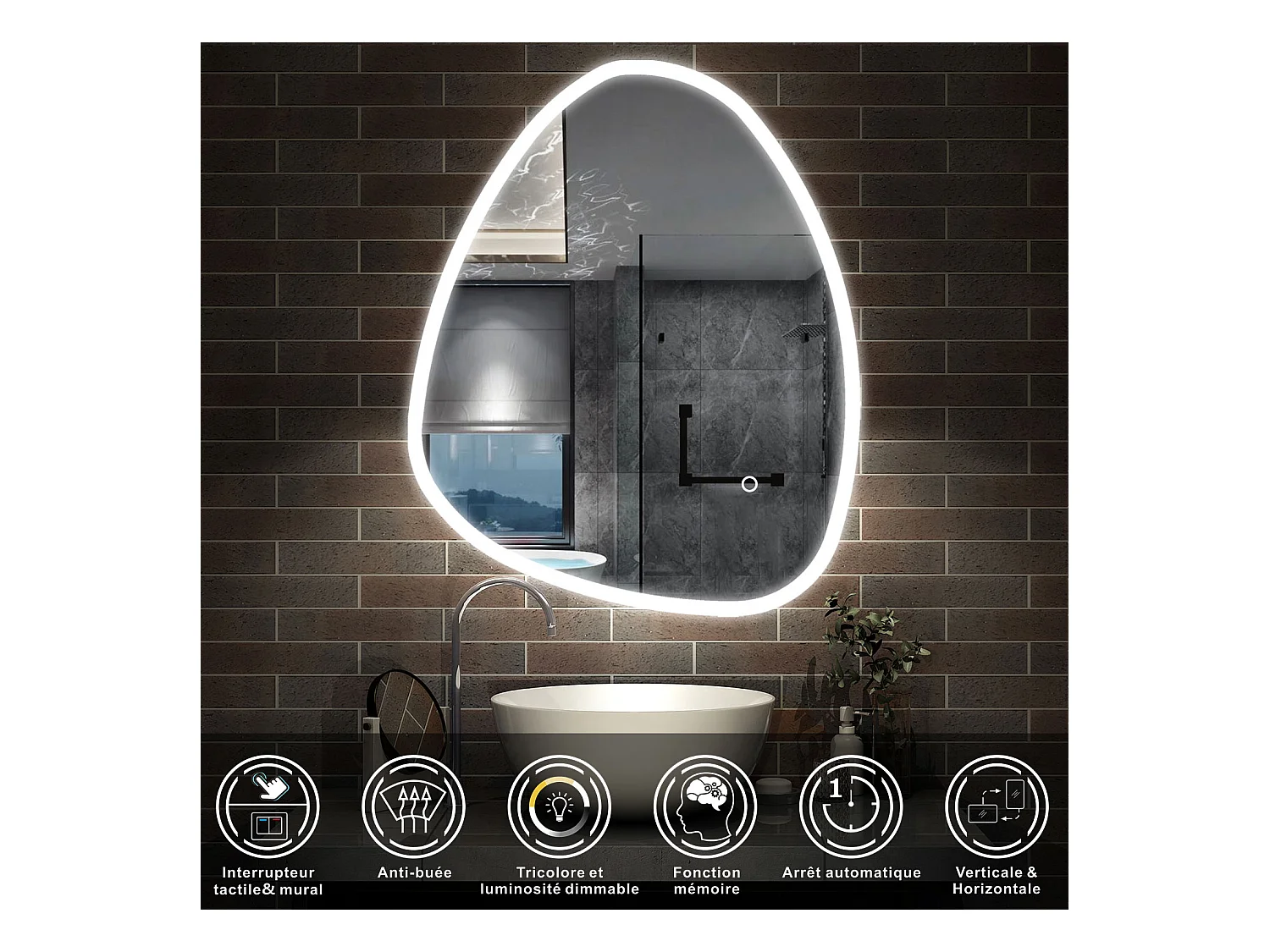 AICA Miroir salle de bain Asymétrique LED 100x80cm, Teardrop Miroir, et Tricolore Dimmable et Anti-buée
