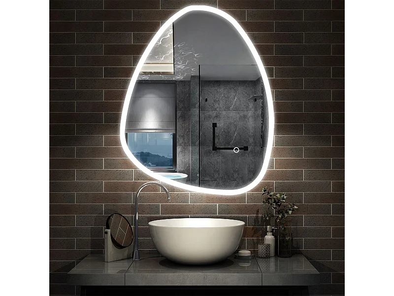 AICA Miroir salle de bain Asymétrique LED 100x80cm, Teardrop Miroir, et Tricolore Dimmable et Anti-buée
