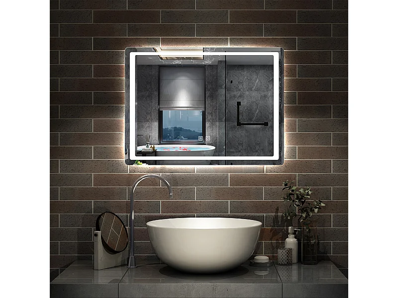 AICA Miroir lumineux à LED 80x60cm, Dimmable et Mémoire, Anti-Buée, Miroir de salle de bain
