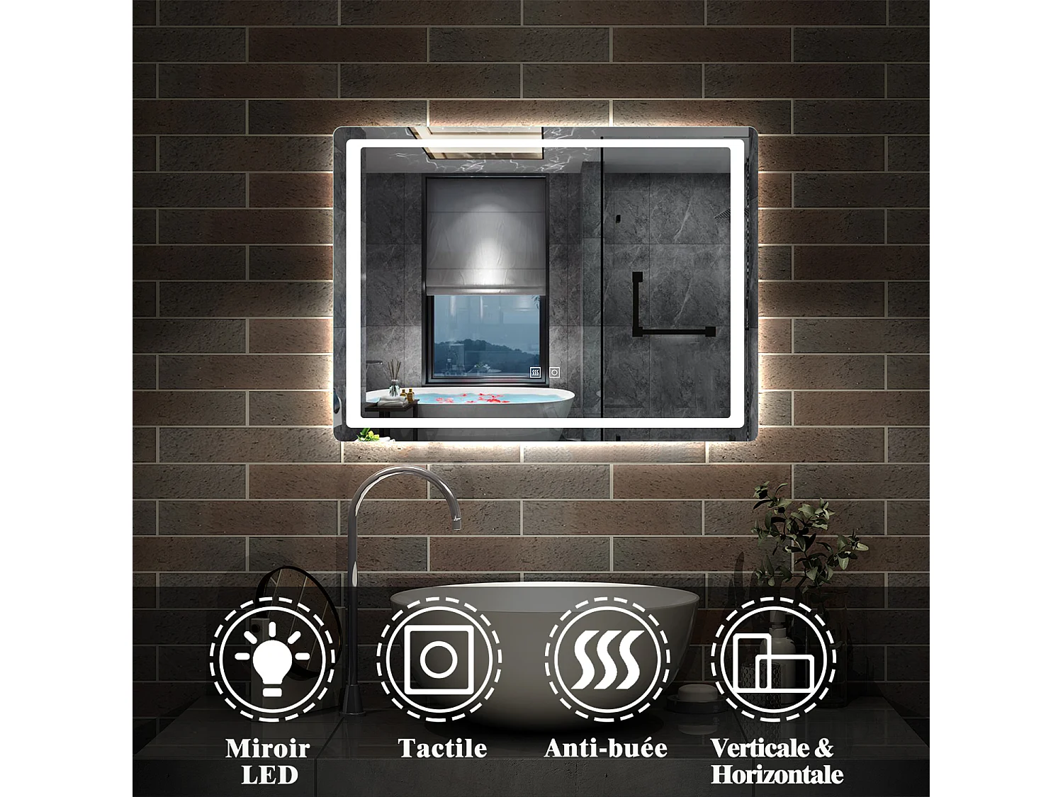 AICA Miroir lumineux à LED 80x60cm, Dimmable et Mémoire, Anti-Buée, Miroir de salle de bain