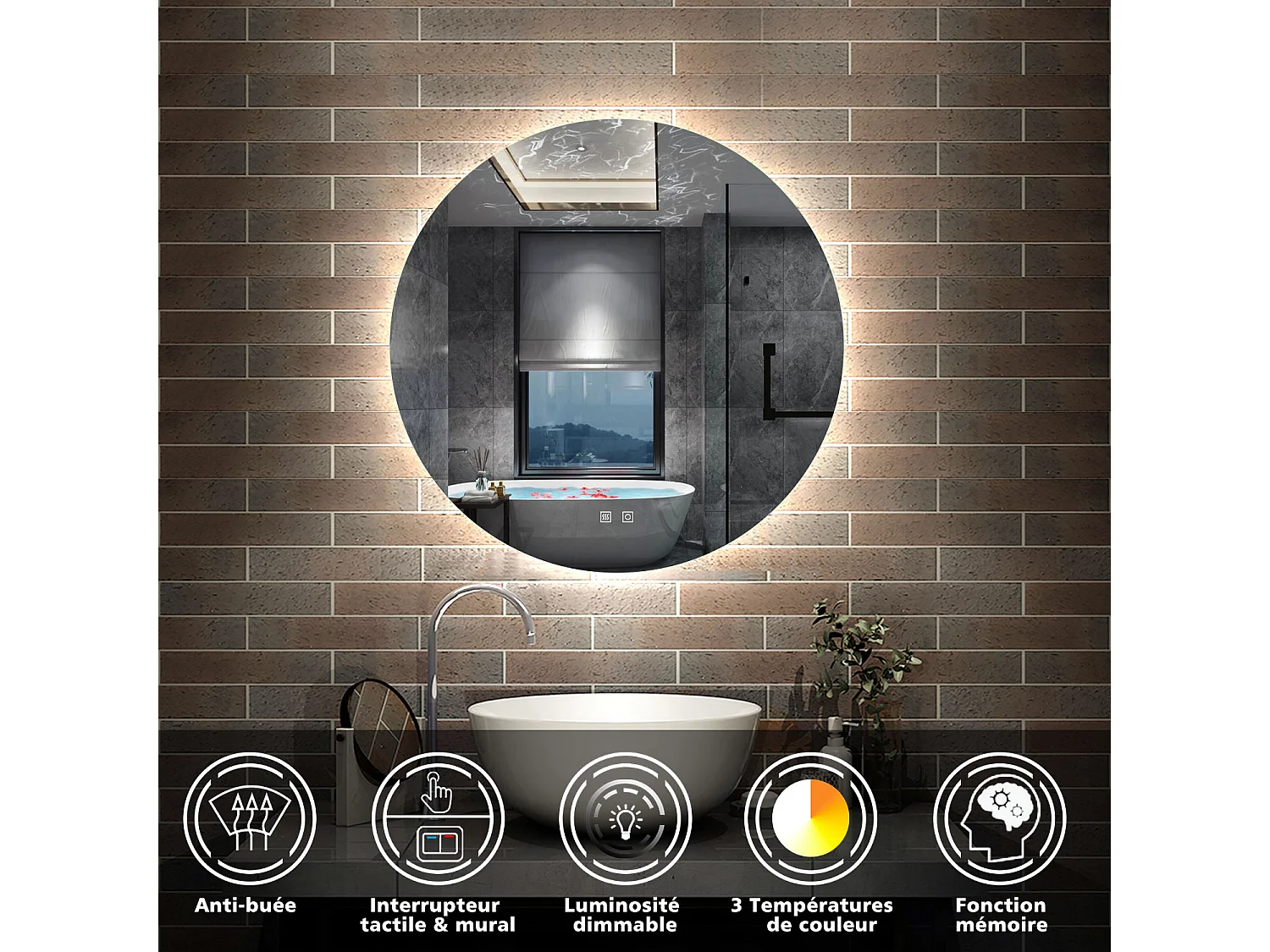 AICA Miroir de salle de bain Lumineux Rond rétro-éclairé 70cm, 3 Colours et Anti-Buée et Mémoire et Dimmable
