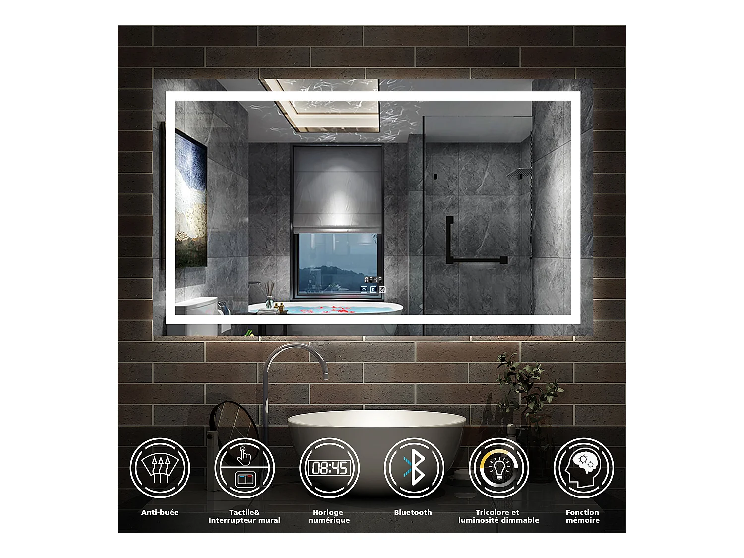 AICA Miroir de salle de bain Lumineux Bluetooth 160x80 cm, 3 Colours et Horloge et Dimmable et Anti-Buée