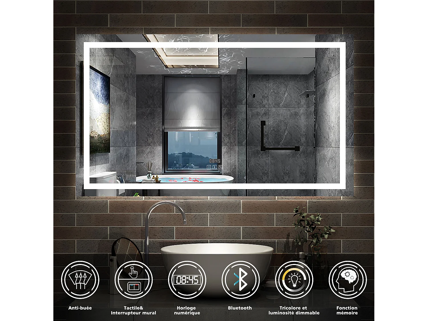AICA Miroir de salle de bain Lumineux Bluetooth 160x80 cm, 3 Colours et Horloge et Dimmable et Anti-Buée