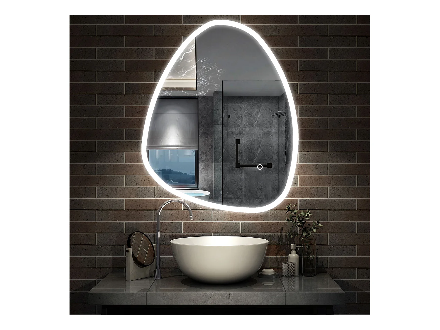 AICA Miroir salle de bain Asymétrique LED 80x55cm, Teardrop Miroir, et Tricolore Dimmable et Anti-buée