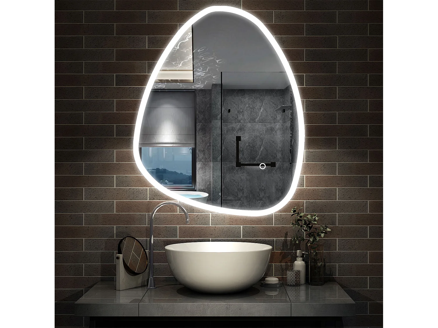AICA Miroir salle de bain Asymétrique LED 80x55cm, Teardrop Miroir, et Tricolore Dimmable et Anti-buée