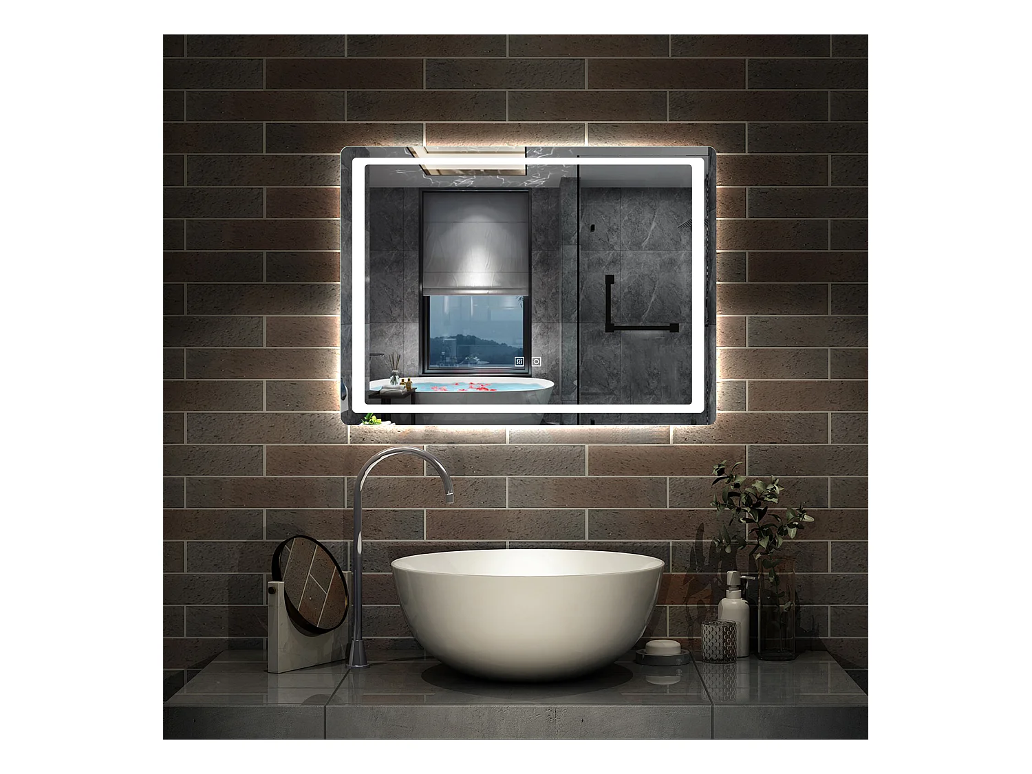 AICA Miroir lumineux à LED 90x65cm, Dimmable et Mémoire, Anti-Buée, Miroir de salle de bain
