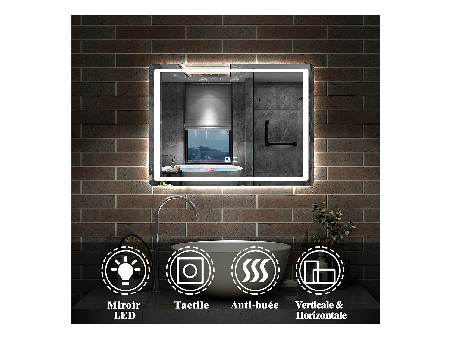 AICA Miroir lumineux à LED 90x65cm, Dimmable et Mémoire, Anti-Buée, Miroir de salle de bain