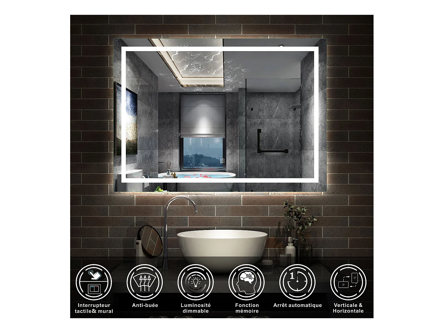 AICA Miroir Salle de Bain Lumineux Anti-buée, et éclairage 110 x 80cm Dimmable, Mémoire, CE // IP44 HD Verre Miroir-Mural