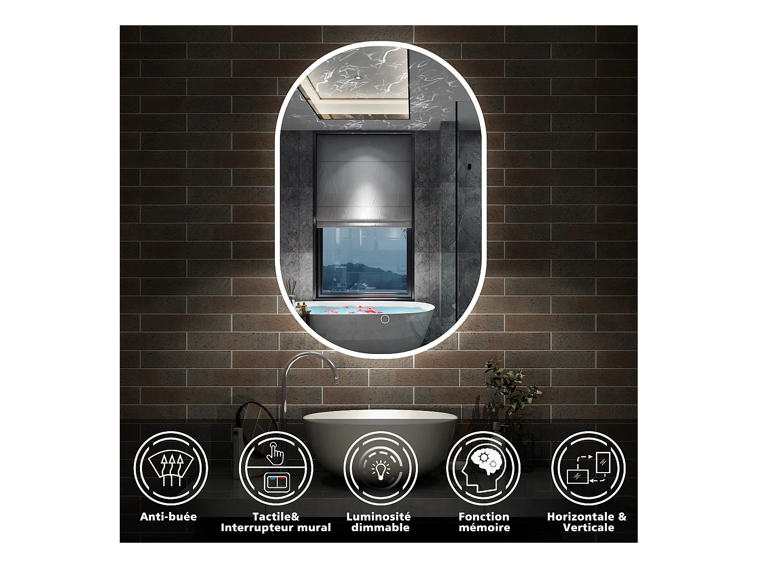 AICA Miroir de salle de bain ovale 60x100cm, mémoire et dimmable et anti-buée, IP44, CE // IP44
