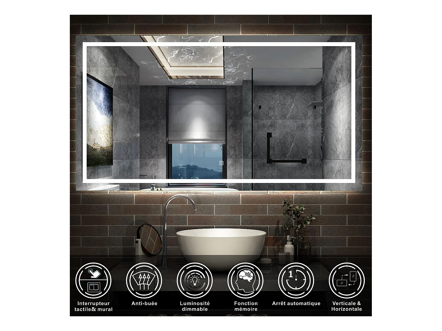 AICA Miroir Salle de Bain Lumineux Anti-buée, et éclairage 140 x 70cm Dimmable, Mémoire, CE // IP44 HD Verre Miroir-Mural